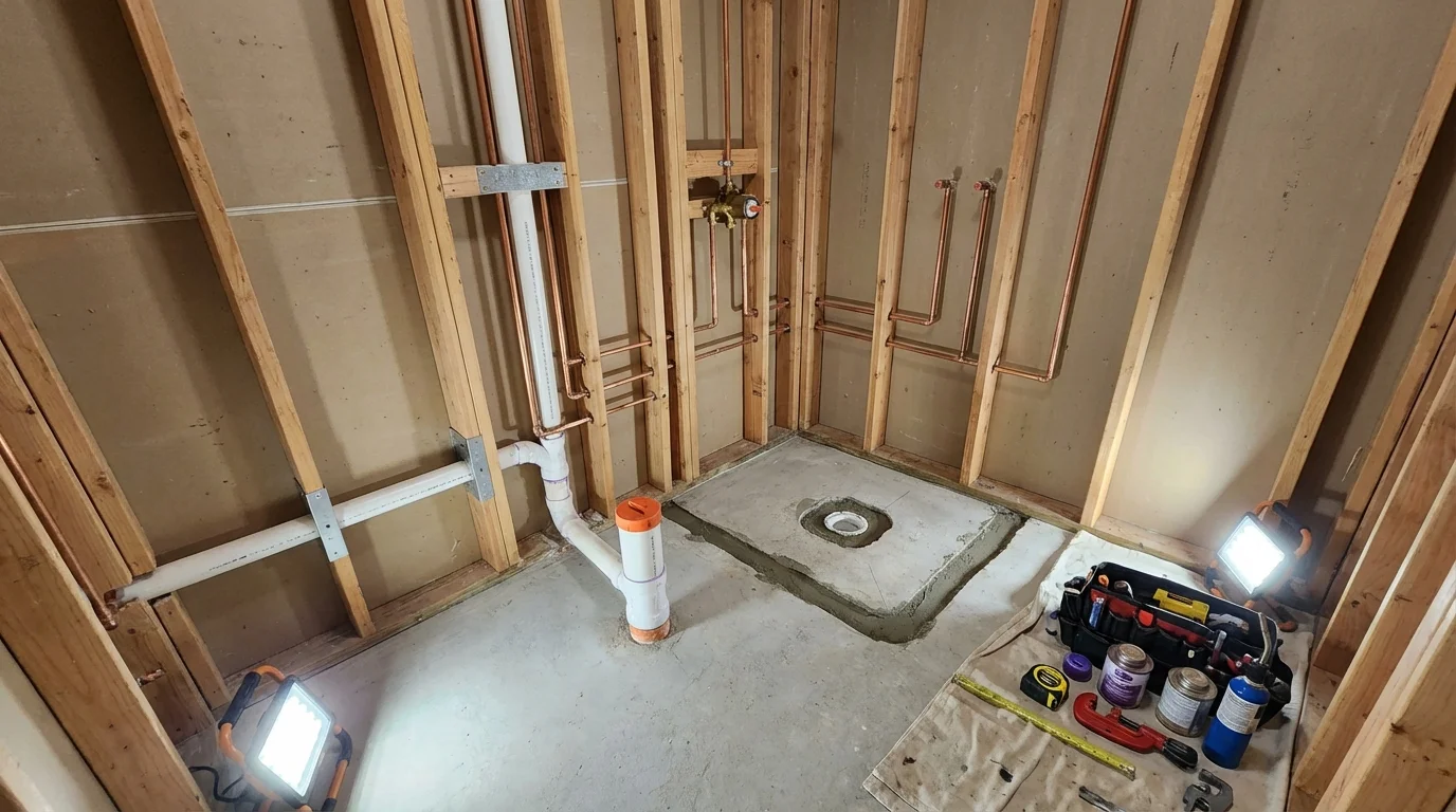 Bathroom rough-in plumbing during remodel by Johns Plumbing LLC in WaKeeney