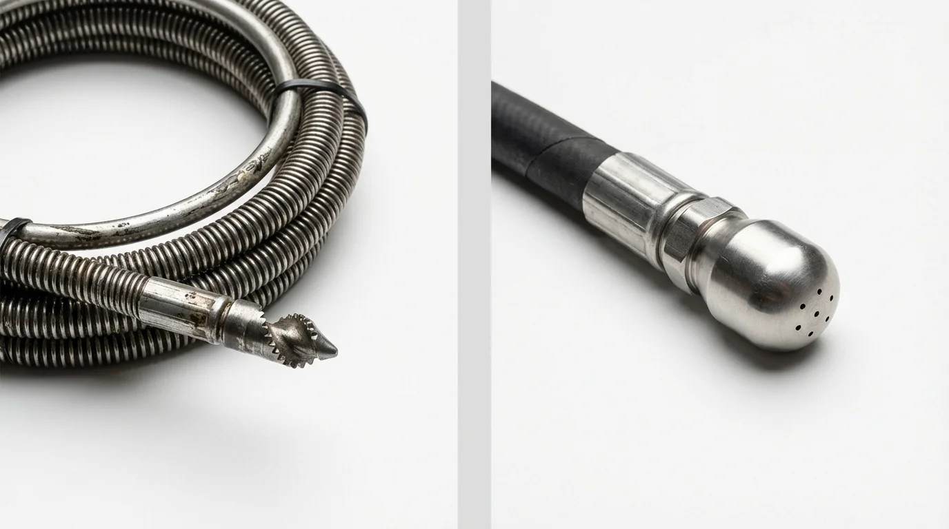 Drain snake cable and hydro jetting nozzle used for drain cleaning in WaKeeney, KS