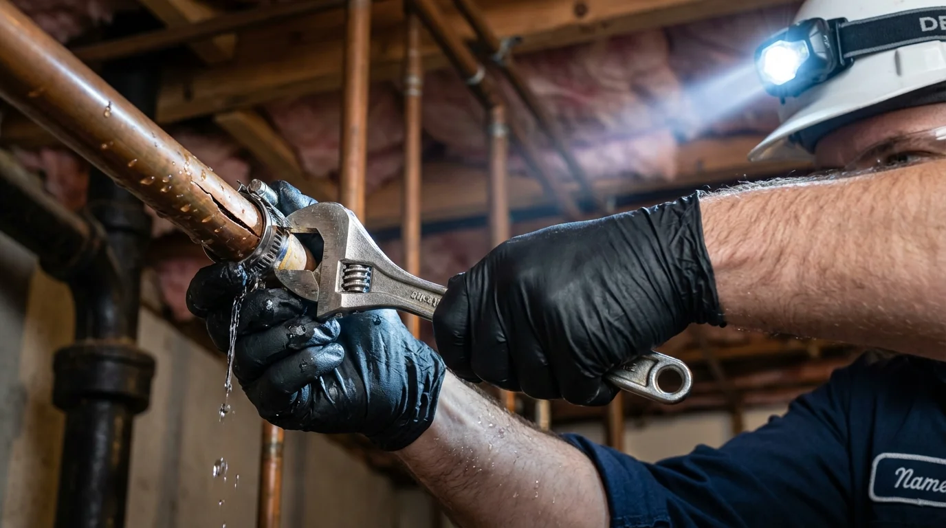 Emergency pipe clamp repair being performed by a Johns Plumbing LLC plumber in WaKeeney