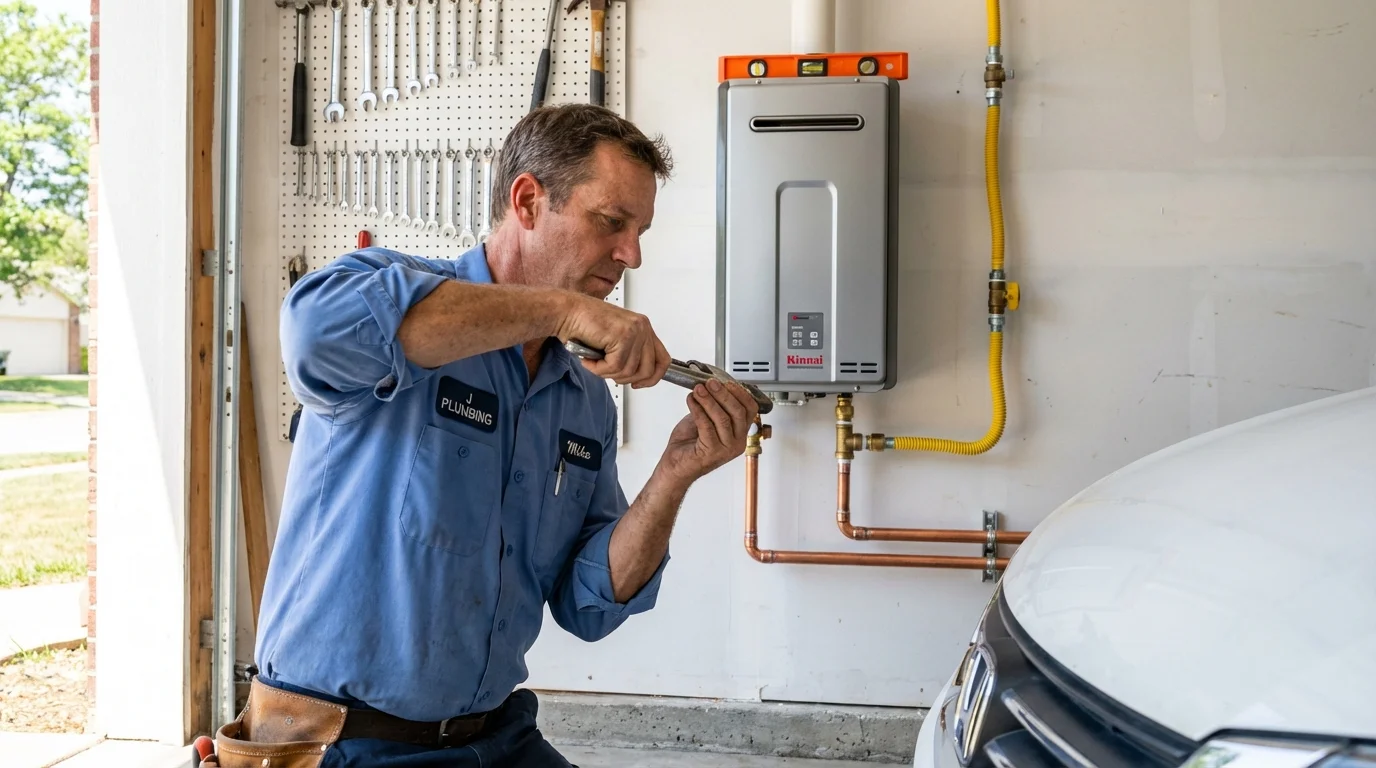 Tankless water heater installation by a Johns Plumbing LLC plumber in WaKeeney