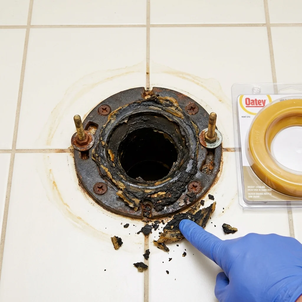 Failed wax ring showing water seepage at the base of a toilet in a WaKeeney, KS home