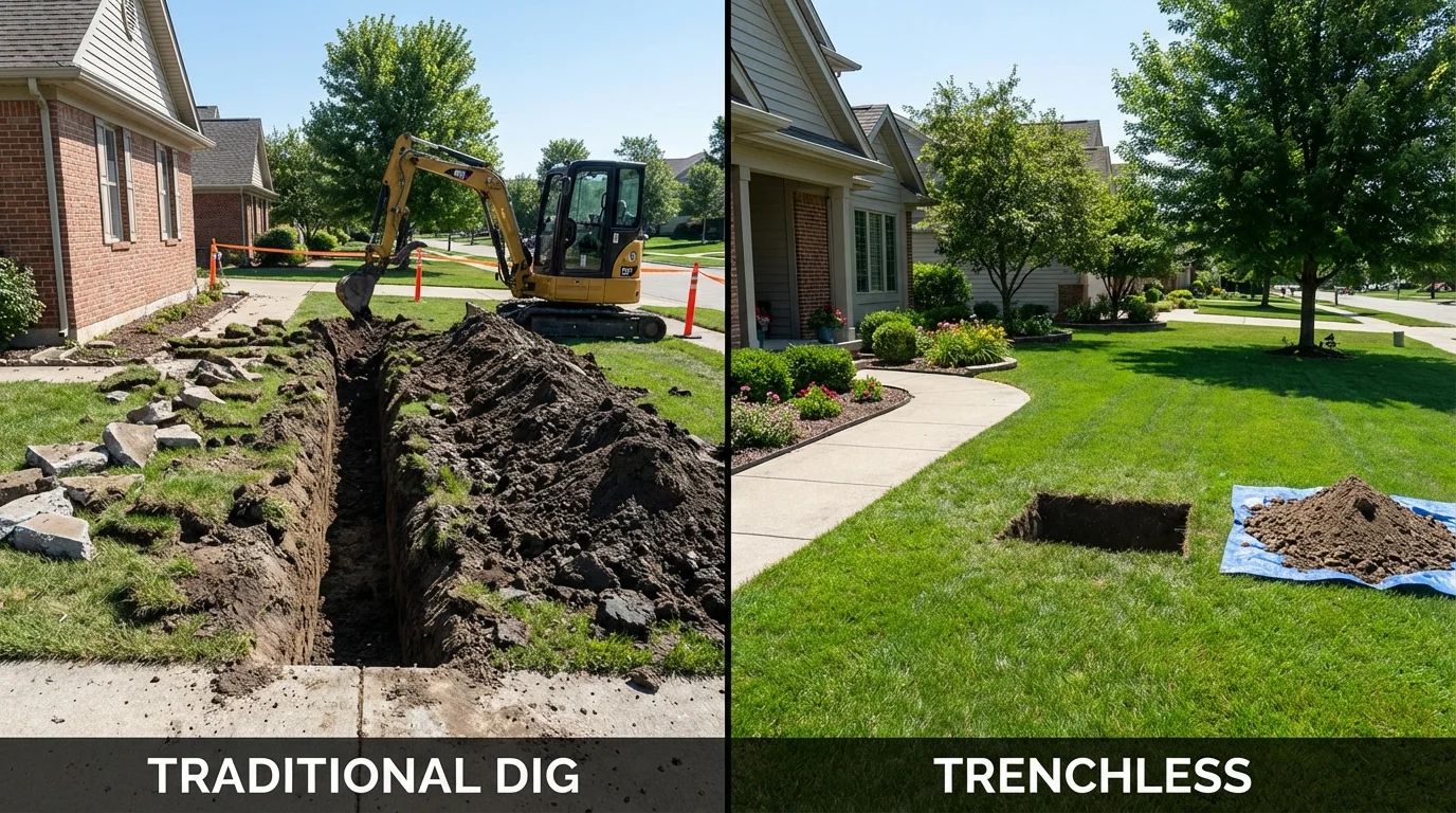 Trenchless sewer repair with minimal yard damage versus traditional excavation in WaKeeney, KS